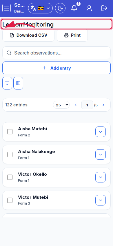 Lesson Monitoring step 1 mobile