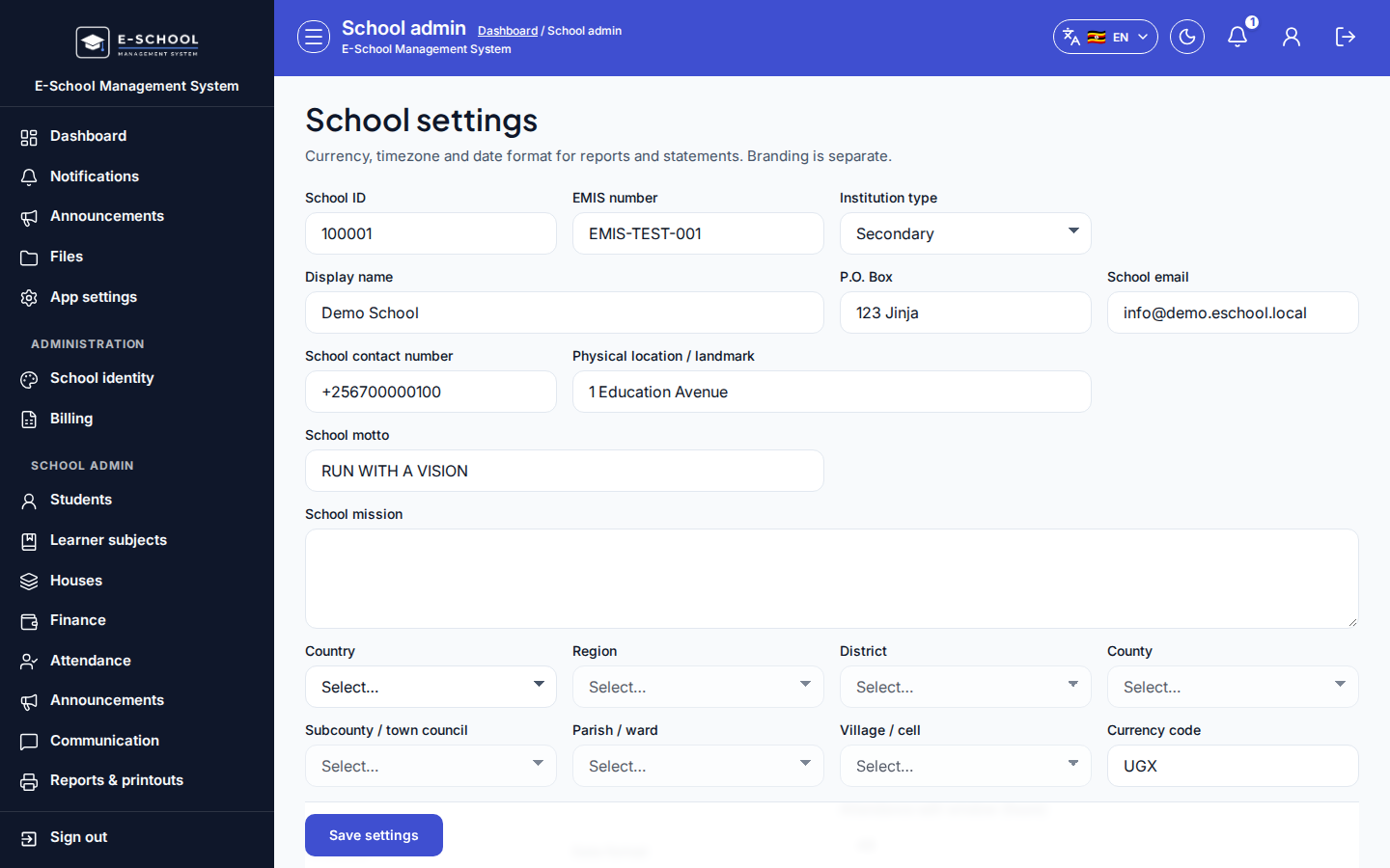 School settings step 1 desktop